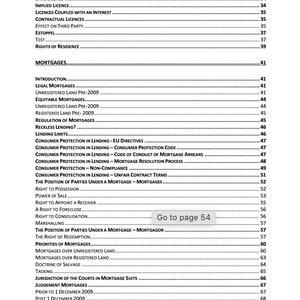 May include: A black and white page with a table of contents for a law textbook. The table of contents includes topics such as "Licenses and Estoppel", "Mortgages", and "Family Property".
