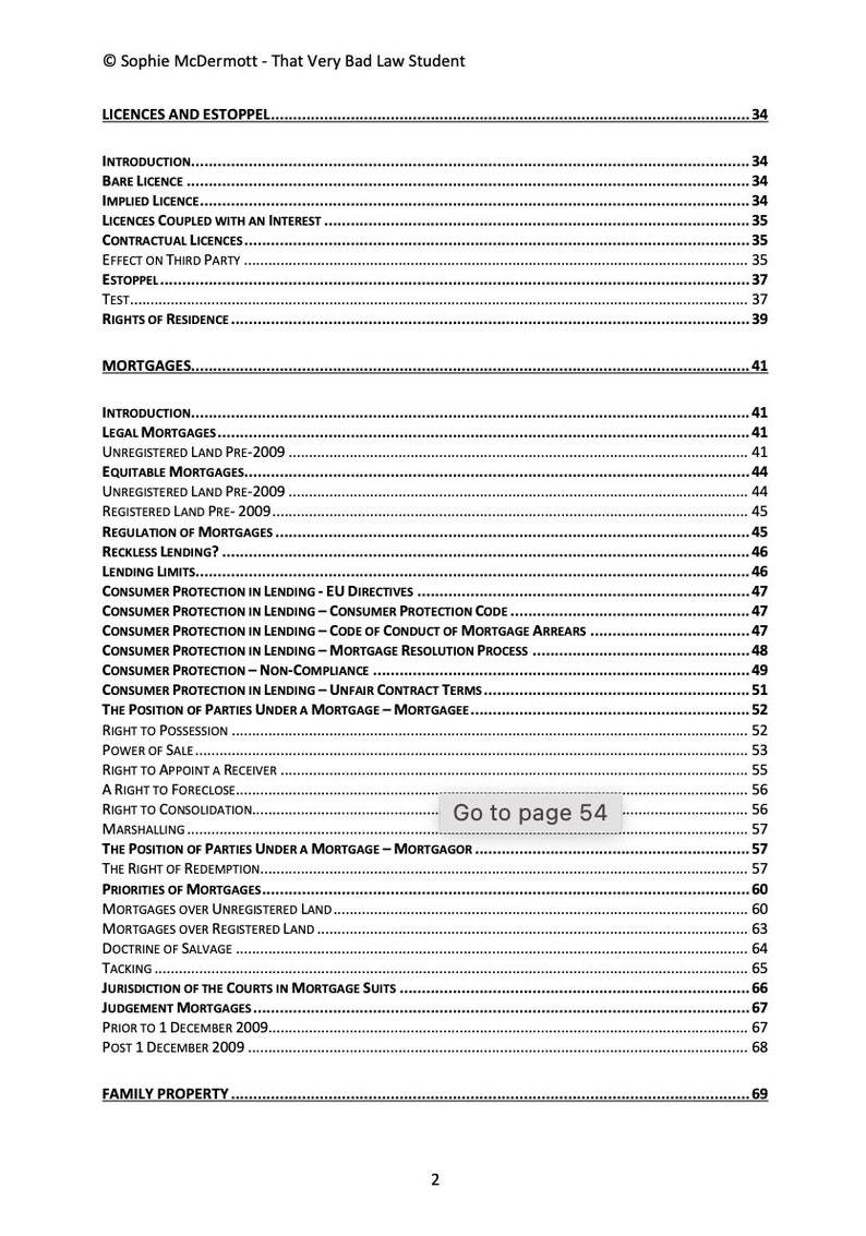 May include: A black and white page with a table of contents for a law textbook. The table of contents includes topics such as "Licenses and Estoppel", "Mortgages", and "Family Property".