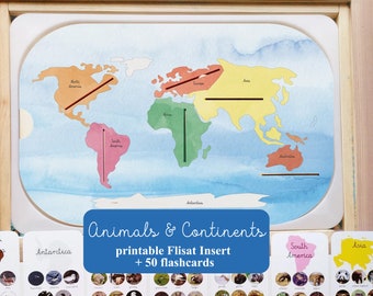 Inserto de mapa del mundo Flisat, mapa mundial IMPRIMIBLE + tarjetas de animales del mundo, tapa trofast, geografía, continentes montessori, actividad