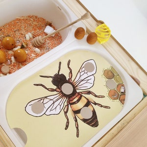 Puede incluir: Un contenedor sensorial de madera con dos compartimentos. Un compartimento tiene material sensorial naranja y blanco con un cuchar&oacute;n de miel de madera. El otro compartimento tiene una ilustraci&oacute;n de abeja con un patr&oacute;n de panal.