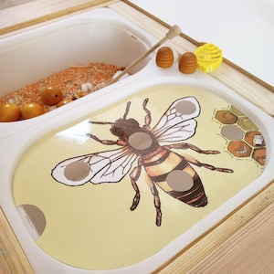 Puede incluir: Un contenedor sensorial de madera con un inserto de pl&aacute;stico blanco que presenta una ilustraci&oacute;n de una abeille. El contenedor est&aacute; lleno de materiales sensoriales de color naranja y marr&oacute;n. Tambi&eacute;n hay panales de abeja de madera y un palo de madera.