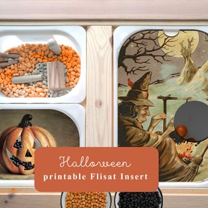 May include: Printable Halloween themed insert for a FLISAT toy shelf. The insert features a witch stirring a cauldron, a jack-o-lantern, and a bowl of orange and white beans. The text "Halloween printable FLISAT insert" is visible in the image.