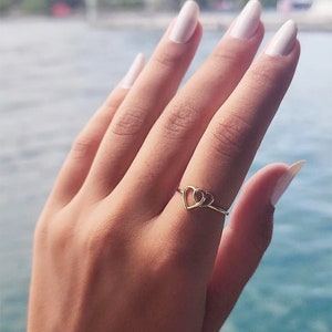 14K Gold Dainty Heart Ring, Heart Symbol Gold Wedding Ring, infinity Heart Ring, Double Heart Jewelry, Women Heart Shaped Engagement Ring
