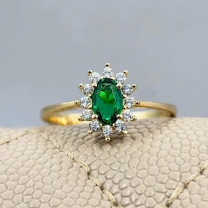 14K Solid Gold Vintage Emerald Ring, Solitaire Wedding Rings, Green Stone Vintage Design Jewelry, Real Gold Emerald Gemstone Jewelry