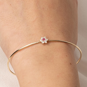 Flower Cuff Bracelet, Ruby Bangle Bracelet, July Birthstone Wedding Jewelry, Handmade Bangle, Ruby Flower Bracelet, 14K Gold Floral Bracelet