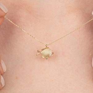 14K Solid Gold Fish Necklace: Ruby Eye Animal Choker