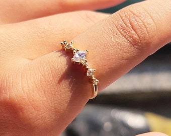14K/18k Som Altın İstiflenebilir Markiz Yüzük, Pırlantalı Gümüş Yüzük, Tektaş Nişan Alyansı, Vintage Stil Evlilik Teklifi Yüzüğü