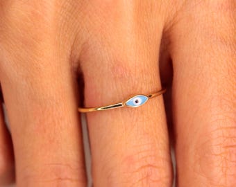 14K Solid Gold Dainty Evil Eye Ring, Blue Eye Jewelry, Enamel Gold Ring, Minimalist Stackable Ring, White Gold Delicate Protection Ring
