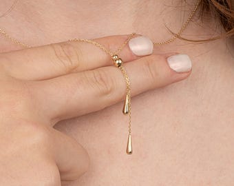14K Solid Gold Necklace, Dangle Gold Necklace, Dainty Chain Gold Jewelry, Silver Charm Necklace, Sterling Silver Minimalist Jewelry