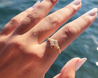 Solitaire Wedding Ring, Anniversary Gold Ring, Zircon Stone Ring, Engagament Promise Ring, Rose Gold Band Ring, Vintage Design Gold Jewelry