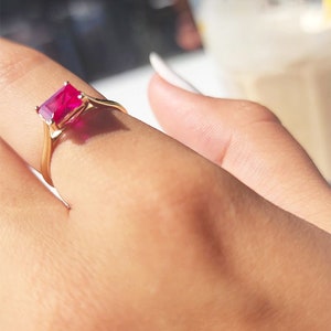 Emerald Cut Ruby Ring, Vintage Gold Engagement Ring, Dainty Ruby Rectangle Band, Wedding Promise Ring, Red Gemstone Bridal Silver Jewelry