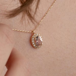14K Solid Gold Morganite Necklace: Oval Quartz Pendant Choker