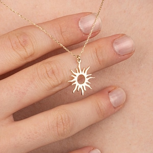 14k Gold Sunshine Pendant Necklace: Sunburst Celestial Jewelry