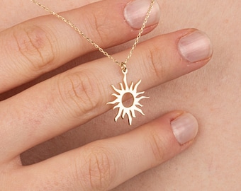14K Solid Gold Sunburst Necklace: Celestial Solar Flare Jewelry