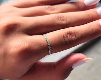 14K Solid Gold Bezel Turquoise Stacking Ring, Bezel Turquoise Jewelry, Gold Turquoise Ring, Thin Eternity Silver, 925K Silver Delicate Ring