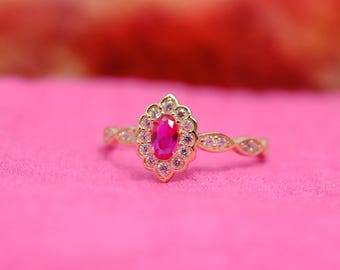 Anel de rubi em ouro 14K: aliança de casamento vintage delicada, pedra do mês de julho