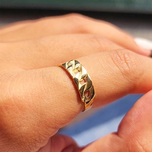 14K Solid Gold Cuban Chain Ring, Cuban Link Ring, Thick Chain Curb Ring, Bold Chain Ring, Womens Stacking Ring, Real Gold Curb Chain Jewelry