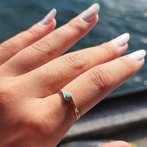 14K Solid Gold Turquoise Gemstone Ring, December Birthstone Silver Ring, Turquoise Solitaire Stackable Ring, Anniversary Women Dainty Ring