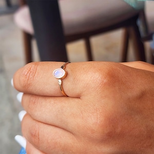 14K Solid Gold Rose Quartz Ring: Oval Crystal Gemstone Stacking Ring