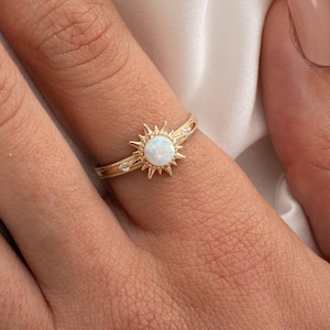 White Opal Sun Ring, Stacking Gemstone Silver Ring, Birthstone Fire Opal Ring, Dainty Bridesmaid Gift, Celestial Gold Jewelry, 14K Star Ring