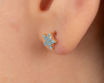 14K Solid Gold Turquoise Star Stud Earrings: Dainty Celestial Jewelry