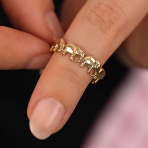 Love Elephant Ring, Animal Lover Jewelry, Yellow or Rose Gold Love Elephants, Pinky Ring, 14K Vintage Rings, Silver Birthday Gift for Her