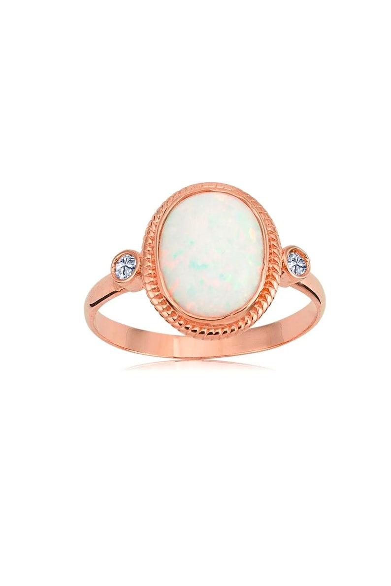 14K Solid Gold Large Natural Opal Ring, Rainbow Opal Ring, White Opal ...