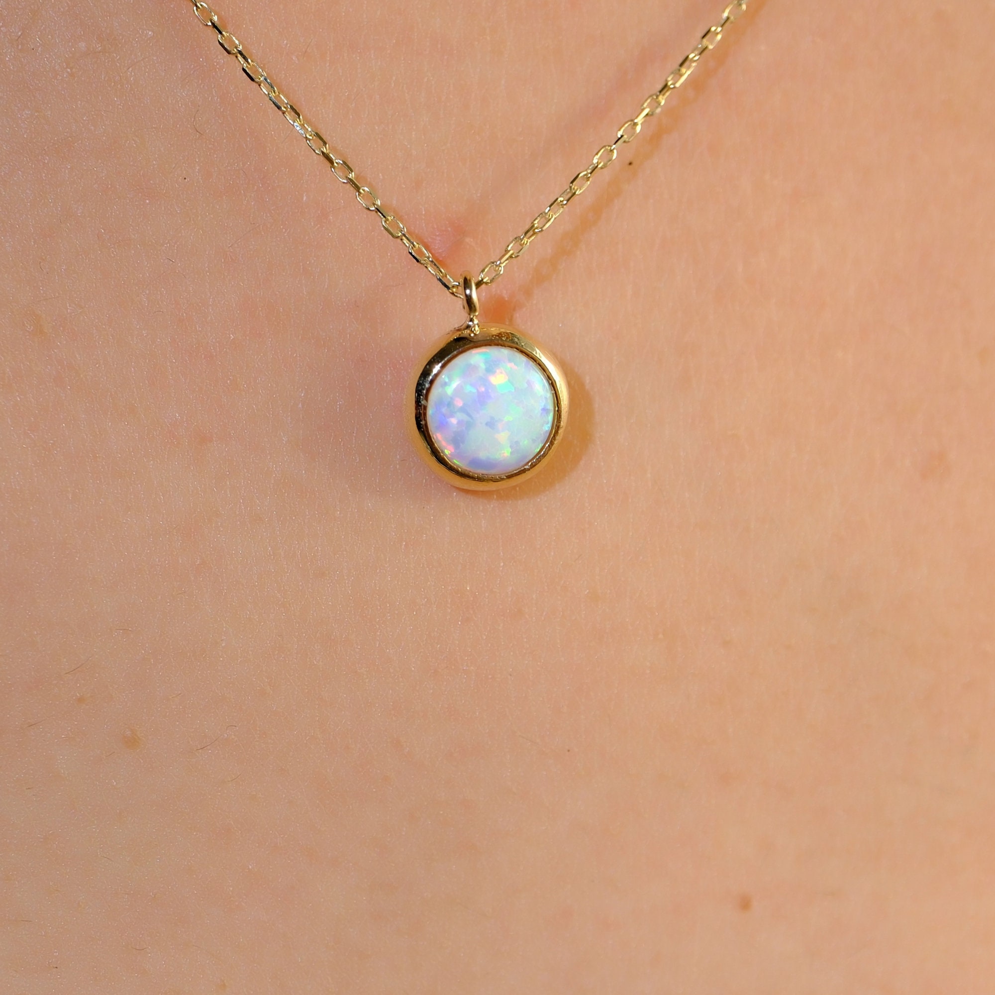 14K 18K Solid Gold Opal Pendant Necklace Dainty Minimalist Pendant