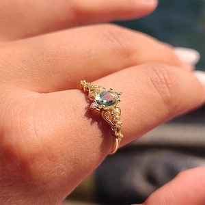 Dainty Sea Green Gemstone Ring: 14K Gold Vintage Engagement Ring