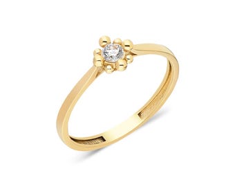 14K Solid Gold Birth Flower Ring: Dainty Stacking Band