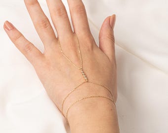 14K Solid Gold Bezel Shahmeran Bracelet, Dainty Ring Slave Bracelet, Chain Hand Ring Cuff Bracelet, Bangle 5 Stone Silver Jewelry