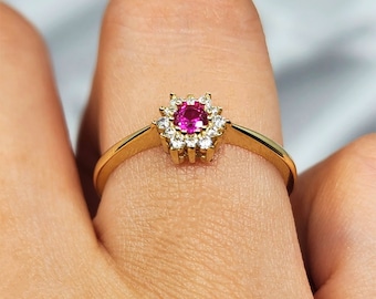 14K Solid Gold Ruby Birth Flower Ring: Dainty Floral Promise Ring