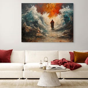 Colorful Splitting of The Sea Painting, Moses Parts the Red Sea, Abstract Jewish Art, Jewish Art For the Living Room, Crossing The Red Sea