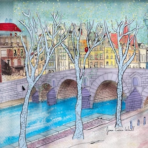 Paris Painting in the Winter with Old Classic Bridge 3D Glass Artwork, Romantic Gift, 3D Painting / Romantic Gifts for Her, Birthday gift