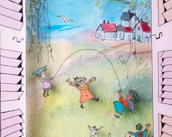 Puede incluir: Ilustración en acuarela de niños jugando a la comba en un campo, con casas y árboles al fondo. La obra está enmarcada por una ventana con contraventanas abiertas. Firmado por Jean-Pierre Veil.