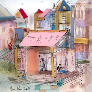 May include: Watercolor painting of a whimsical town scene with buildings and a house made of books. The book house has the text "THE WELL OF BEING" on the roof. People are reading and playing in the street.