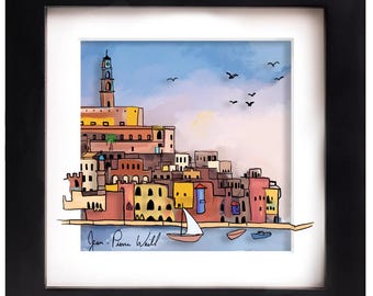 Jaffa Port 3D Painting On Glass -  Modern Jewish Art, Judaica Artwork