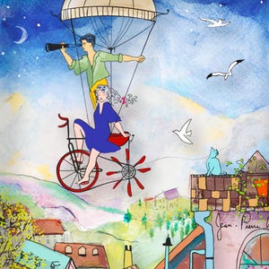 Flying High Together 3D Glass Art Painting - Glass Wall Art, 3D Painting, Cityscape Painting, framed Painting, Couple Painting