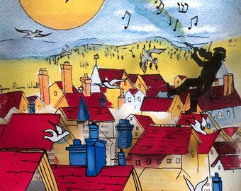 Rooftop Serenade Fiddler’s Harmony 3D Painting on Glass, Landscape Painting / Violin Painting, Musician Gifts, Musician Painting, 3D Artwork