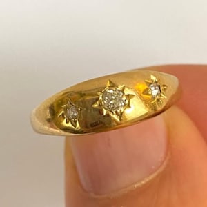Vintage Gypsy Ring, 14K Solid Gold Gypsy Ring, Diamond Ring Star Set Band, Three Stone Antique Ring, Anniversary Ring For Her Starburst Ring