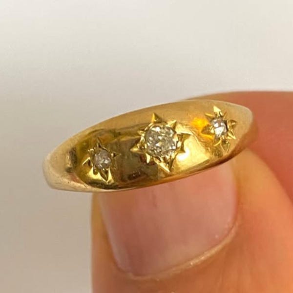 Vintage Gypsy Ring, 14K Solid Gold Gypsy Ring, Diamond Ring Star Set Band, Three Stone Antique Ring, Anniversary Ring For Her Starburst Ring