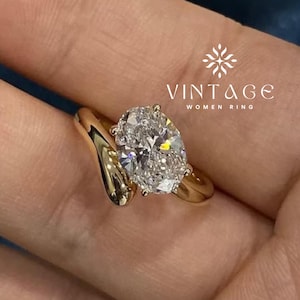 Oval Moissanite Ring: 14k Gold Floating Gem, East West Sideway Cut