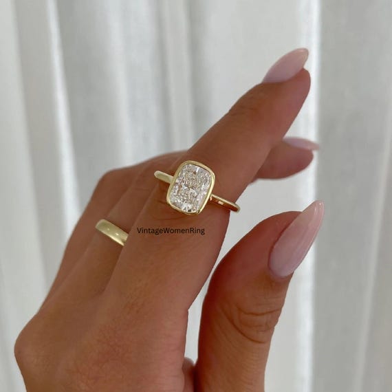 3CT Elongated Cushion Cut Moissanite Engagement Ring Bezel Set Solitaire Ring 14K Gold Delicate Bridal Wedding Band Anniversary Gift for Her