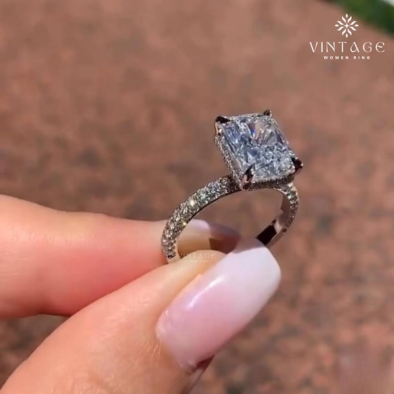 3 CT Radiant Cut Moissanite Engagement Ring, 18K Gold Hidden Halo Radiant Cut, Wedding Ring, Solitaire Ring, Anniversary Ring Gift for Her