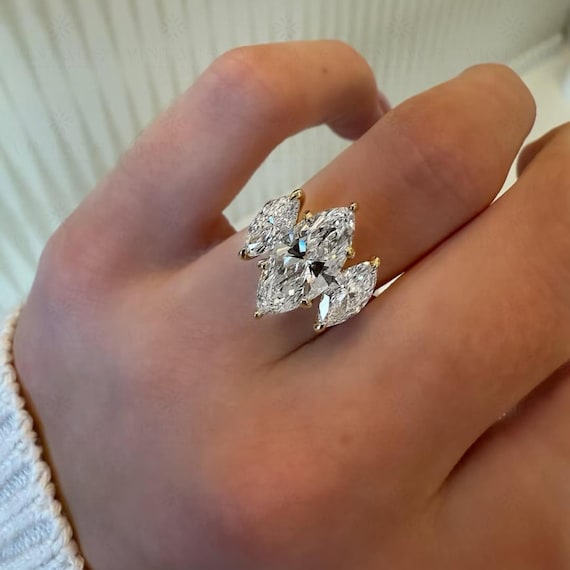 5 TCW Marquise Cut Three Stone Moissanite Diamond Engagement Ring 18K Solid Yellow Gold Solitaire Wedding Anniversary Gift Ring For Women