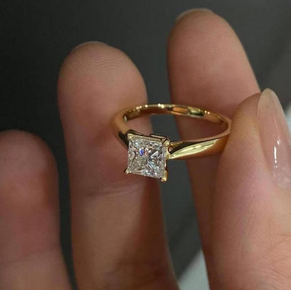 Solid Gold Princess Cut Moissanite Engagement Ring, Hidden Halo Proposal Ring, Promise Ring, Bridal Ring/Anniversary/Birthday Gift for Woman