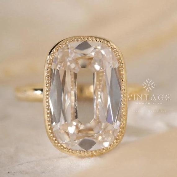 5 CT Old Mine Elongated Cushion Cut Moissanite Ring Bezel Set Engagement Ring 14K Solid Gold Wedding Rings Antique Diamond Ring Promise Ring