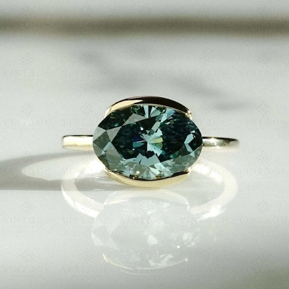 Green Oval Cut Solitaire Teal Sapphire Engagement Ring East West Oval Sapphire Ring Promise Ring Stackable Wedding Ring Proposal Gift Ring