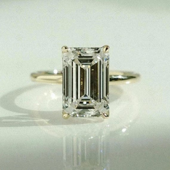 4Ct Flower Prong Emerald Cut Moissanite Engagement Ring Tulip Setting Hidden Diamond Wedding Ring Bridal Matching Ring 14K Gold Ring For Her