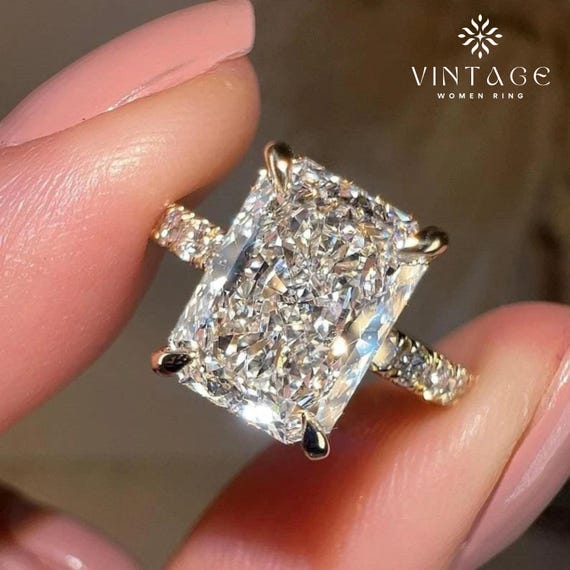 3 CT Radiant Cut Moissanite Ring | 18K Gold Hidden Halo Engagement Ring | Pave Vintage Ring for Her | Wedding Anniversary Gift for Wife